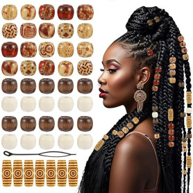 Larrel - Lot de 60 perles en bois imprimées - Perles en bois naturelles à grand trou - Perles rétro pour cheveux - Décoration de