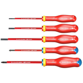 FACOM ATD.J5VE Jeu de 5 TOURNEVIS PROTWIST® isolés 1000 Volts pour vis à fente & pour vis cruciformes POZIDRIV®
