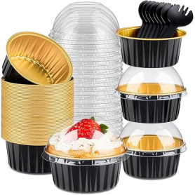 KAHEIGN 50 Pièces Mini Moules à Gâteaux avec Couvercles et Cuillères, 150ml Plats de Cuisson Ronds en Papier D'aluminium Petites