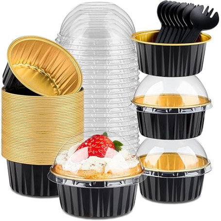 KAHEIGN 50 Pièces Mini Moules à Gâteaux avec Couvercles et Cuillères, 150ml Plats de Cuisson Ronds en Papier D'aluminium Petites