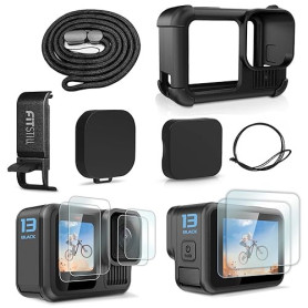 FitStill Housse de protection en caoutchouc en silicone noir pour Go Pro Hero 13 - Coque latérale de batterie, protecteurs d'écr