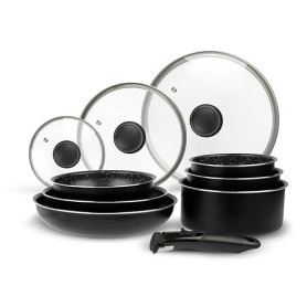 Sitram 713499 Batterie de Cuisine Aluminium 10 Pièces : 3 Poêles Ø20,24,28 cm + 3 Casseroles Ø16,18,20 cm + 3 Couvercles Verre Ø