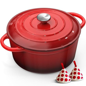 Cocotte Fonte - 26cm Rouge Faitout Marmite Four Hollandais avec Couvercle, Topbooc 5L Dutch Oven Émaillée Compatible Induction,