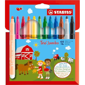 STABILO Trio Jumbo - Feutre de coloriage - Étui carton x 12 feutres pointe large - Coloris assortis