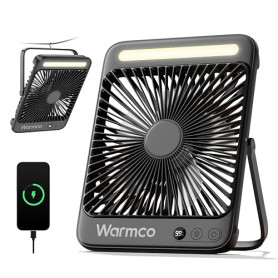 Warmco D4 Ventilateur Camping Rechargeable 20000mAh, Jusqu’à 48 h | Ultra-Mince, Lumière LED, Crochets, Ventilateur Rechargeable