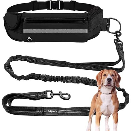 Edipets, Laisse Canicross, Main Libre Chien, pour Ceinture, Running, Anti-tirons, réfléchissant, 160-220 cm (Noir)