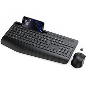 Ensemble Clavier et Souris sans Fil, Ergonomique Pleine Taille Clavier avec Repose-Poignet, Support, Mode Veille, 2,4 GHz Silenc