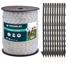 TRESSELEC - Kit Clôture Électrique Complet – Cordon 2,2 mm 500 m + 10 Piquets Plastique 87 cm – Pour Chevaux, Bovins, Moutons, C