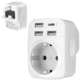 Hoppac 5 en 1 Adaptateur Prise Anglaise, Prise Anglaise Adaptateur Francais avec 3 USB A et 1 USB C, Adaptateur Type G pour Irla