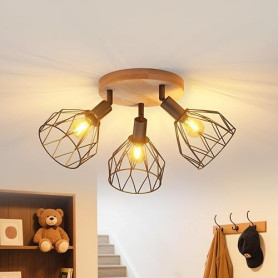 LVWIT Plafonnier 3 Spots LED E14, Luminaires Intérieur Noir, Plafonnier Bois avec Base Round, Applique Murale Chambre, Lustre Sa
