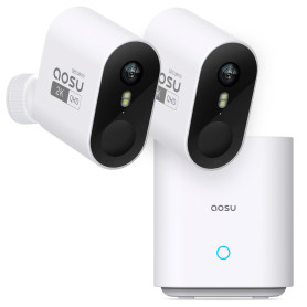 aosu 2K Caméra Surveillance WiFi Extérieure Intérieur sans Fil, Kit 2 Caméras avec aosuBase, sans Abonnement, Autonomie Jusqu’à 