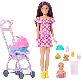 Barbie Skipper Babysitters Inc. Coffret avec poupée brune | Poupée bébé blonde, poussette avec siège auto amovible et 7 accessoi