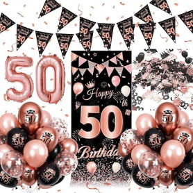 Décoration Anniversaire 50 Ans Femme, Ballons 50 Ans Anniversaire Or Rose et Noir, Toile Affiche, Confetti, Bannière, Ballon 50