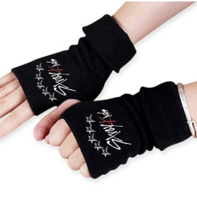 1 paire de gants sans doigts Stray, gants tricotés Stray Gants d'hiver noirs Kpop avec 1 autocollant 3D SKZ et 2 Photocard SKZ,