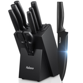 Yabano Couteaux de Cuisine, Set de 8 Bloc de Couteaux en Acier Inoxydable avec Affûteur Intégré, Couteaux Noirs Tranchants avec 
