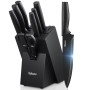 Yabano Couteaux de Cuisine, Set de 8 Bloc de Couteaux en Acier Inoxydable avec Affûteur Intégré, Couteaux Noirs Tranchants avec 
