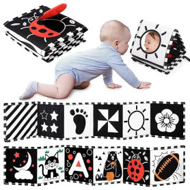 URMYWO Livre Tissu bébé 0-3-6-12 Mois,Livre Noir et Blanc Bébé Montessori,Livre de Haute Contraste en Tissu Sensoriel Bébé Naiss