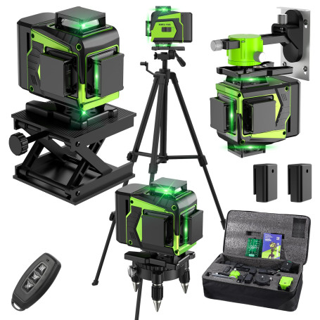 Niveau Laser Chantier Autonivelant 360° x 4 Avec trépied, Lazer Niveaux 4D 16 Lignes Laser, Mode Impulsion ExtéRieur, 2 x Batter