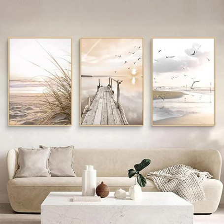 Uixxducc Lot de 3 posters esthétiques - Nature - Plage côtière - Scène d'oiseaux de mer - Images murales - Pour salon, herbe de