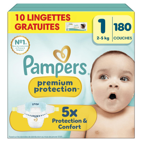 Pampers Premium Protection Couches Taille 1 x180 + 10 Lingettes Bébé | 2kg-5kg. Notre N°1 Pour La Protection De La Peau Et Contr