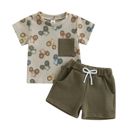 Carolilly Ensemble Vêtement Bébé Garçon Enfant Eté Tracteur 2 Pièces T-Shirt à Manches Courtes + Short Tenues Nouveau-né