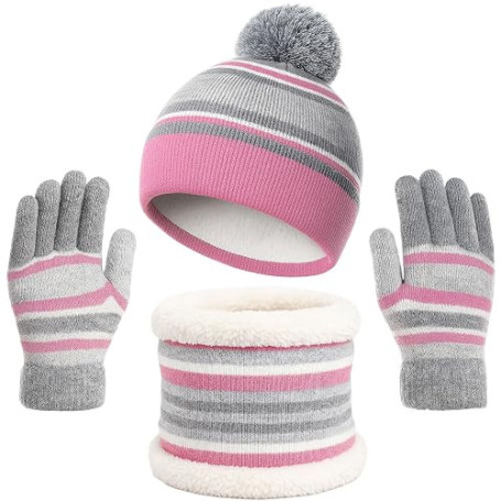 GWAWG Lot de 3 chapeaux et écharpes pour enfants - Bonnet d'hiver à pompons - Écharpe - Gants pour filles et garçons - Bonnet tr
