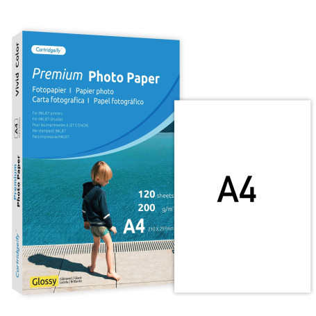 Cartridgeify Papier photo Brillant, 200 g/m², Pack de 120 feuilles, Format A4 (21x29,7cm), Idéal pour Impressions Jet d'Encre