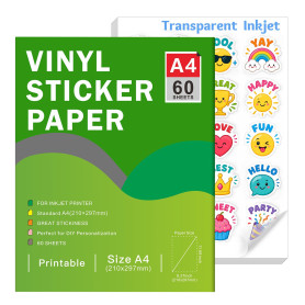 Ruibytree Papier Vinyle Autocollant Transparent A4 Jet d'Encre, 60 Feuilles | Compatible Cricut et Silhouette, Séchage Rapide, I