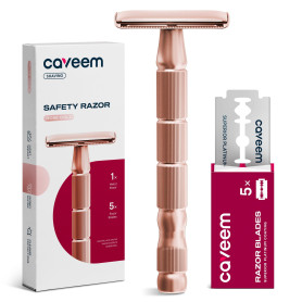 CAVEEM Rasoir de Sûreté à Double Tranchant pour Femme et Homme, Or Rose | Kit de Départ avec 5 Lames de Rechange, Poignée Textur
