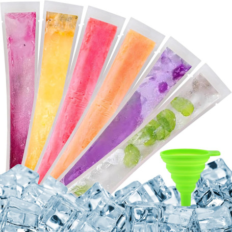 Lot de 100 sacs à glace jetables avec entonnoir, sacs sans BPA, sachets à sucettes glacées pour fabrication de glaces à la maiso