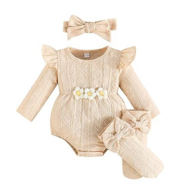 Kunyeah Lot de 3 tenues pour bébé fille - Body à manches longues + bandeau nœud + chaussettes Combinaison pour nouveau-né à fleu