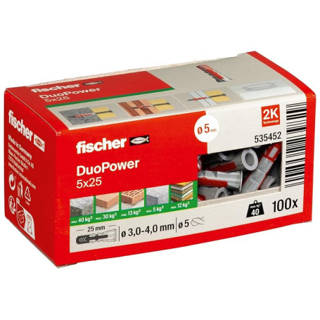 fischer - Cheville bi-matière et multi-matériaux DUOPOWER 5x25 / Boîte de 100 | Cheville bi-matière DUOPOWER