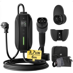 dé Chargeur Voiture Electrique Type 2 3,7kW 6m avec Écran LCD | IP66, Câble recharge voiture électrique Type 2, réglable 6-16A, 