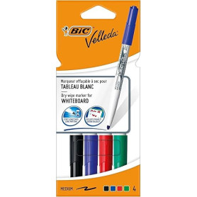 BIC Velleda 1741 Feutres pour Tableau Blanc Effaçables à Sec Pointe Conique Moyenne - Couleurs Assorties, Pochette de 4
