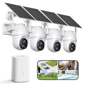 BOOPEX 2K Camera Surveillance WiFi Exterieure sans Fil Solaire à Batterie, 4 Cam-Kit avec Base, Zéro Frais, Stockage Local 32Go,