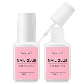 Sularpek 2Pcs Colle Faux Ongles, 8ml Colle à Ongles Extra Forte avec Brosse, Séchage Rapide Professionnel Colles pour Ongles Acr