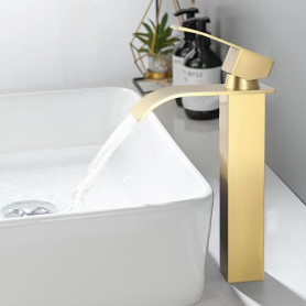 ONECE Robinet Haut Vasque à Poser Cascade, Mitigeur Doré Salle de Bains | Robinet Doré en Acier Inoxydable, Robinettrie de Lavab