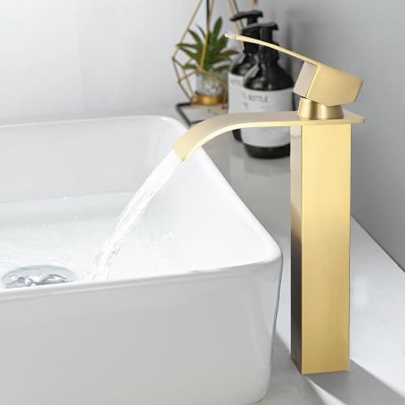 ONECE Robinet Haut Vasque à Poser Cascade, Mitigeur Doré Salle de Bains | Robinet Doré en Acier Inoxydable, Robinettrie de Lavab