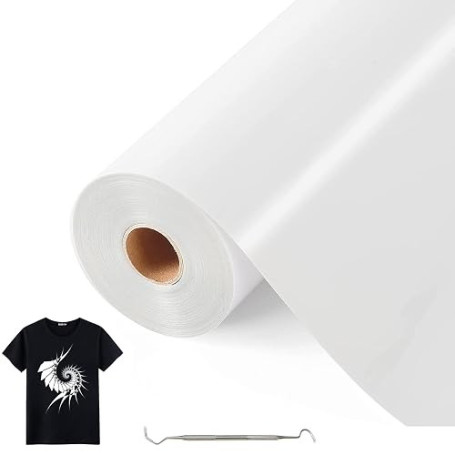 Bocguy Rouleau Vinyle Thermocollant Blanc pour Tissus 30,5 CM X 10 M avec Outil Désherber, Flex Thermocollant pour Tissus, Cricu