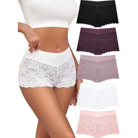 ALL OF SHE Lot de 5 Boxer Femme Culotte Dentelle Sexy Culotte Respirante Ceinture en Coton Stretch Shorty sous-Vêtements Doux S-