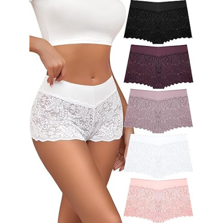 ALL OF SHE Lot de 5 Boxer Femme Culotte Dentelle Sexy Culotte Respirante Ceinture en Coton Stretch Shorty sous-Vêtements Doux S-