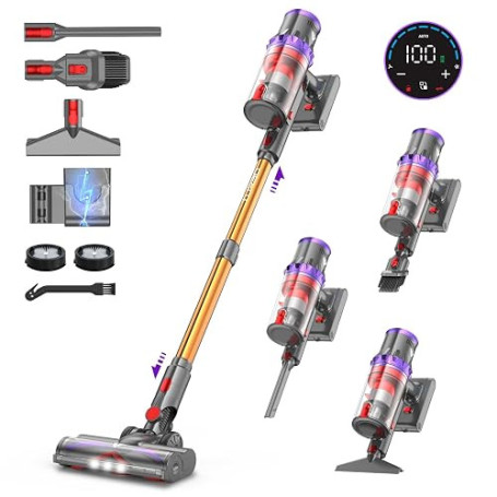 coovy SU7 Aspirateur Balai sans Fil 580W/55Kpa/75Mins, Aspirateur Puissant, Détection Poussière, Écrans Tactiles LED, Brosse Ant