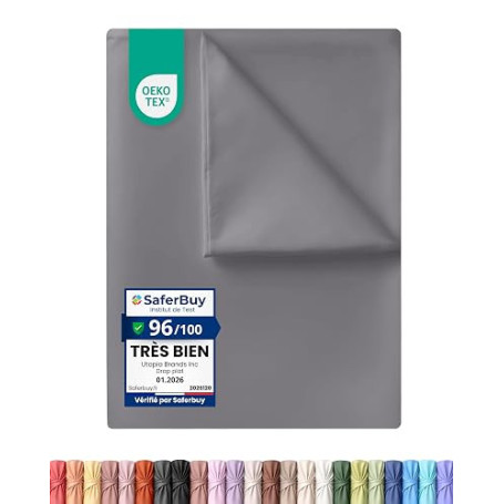 Utopia Bedding - Drap Plat - 225x255cm - Gris | Certifié Oeko-TEX - Polyester brossé Doux - Microfibre - Sans élastique