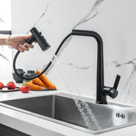 Robinet de Cuisine Douchette Noir avec Extractible, 3 Modes de Jets | Robinet Cuisine Robinetterie Extractible évier LakeBayMZC,