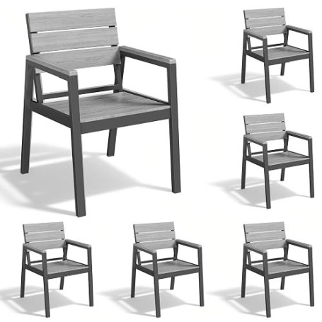 Devoko Chaises de Jardin Lot de 6, HDPS Chaises d'Extérieur en Aluminium Résistantes Imperméables avec Finition à Veine de Bois,