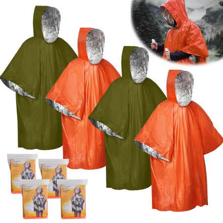 Editbar Lot de 4 ponchos de survie urgence, poncho de pluie urgence, couverture de sauvetage, sac de couchage, couverture thermi