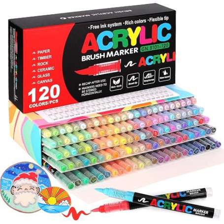 Laconile 120 Couleurs Feutre Acrylique, Stylos Acryliques à Pointe Pinceau pour le Coloriage Adulte ，Acrylic Paint Markers pour
