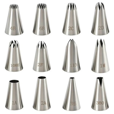 12 douilles inox réutilisables, décoration gâteaux adapté poche à douille | Inox 304 anticorrosion, 12 douilles glaçage surface