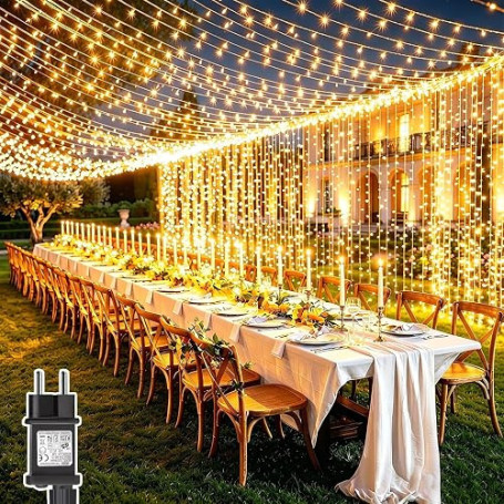 Dekofun 6Mx3M 600 LED Rideau Lumineux avec Transformateur, Blanc Chaud | Minuterie, 8 modes lumineux variés et IP65 étanche, gui