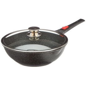Kamberg - Wok 30 cm - Manche Amovible - Fonte d'Aluminium - Revêtement pierre - Couvercle en Verre - Tous Feux dont Induction -